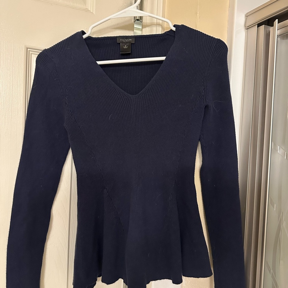 Navy Ribbed V-Neck Peplum Sweater